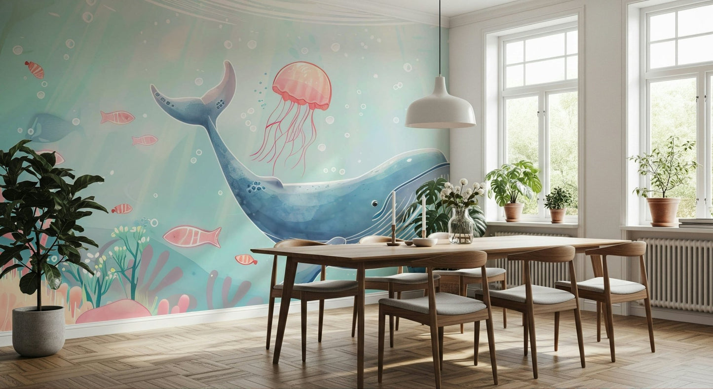 Large scale wave pattern wallpaper in a contemporary coastal style.