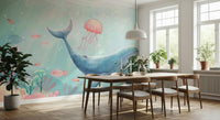 Large scale wave pattern wallpaper in a contemporary coastal style.