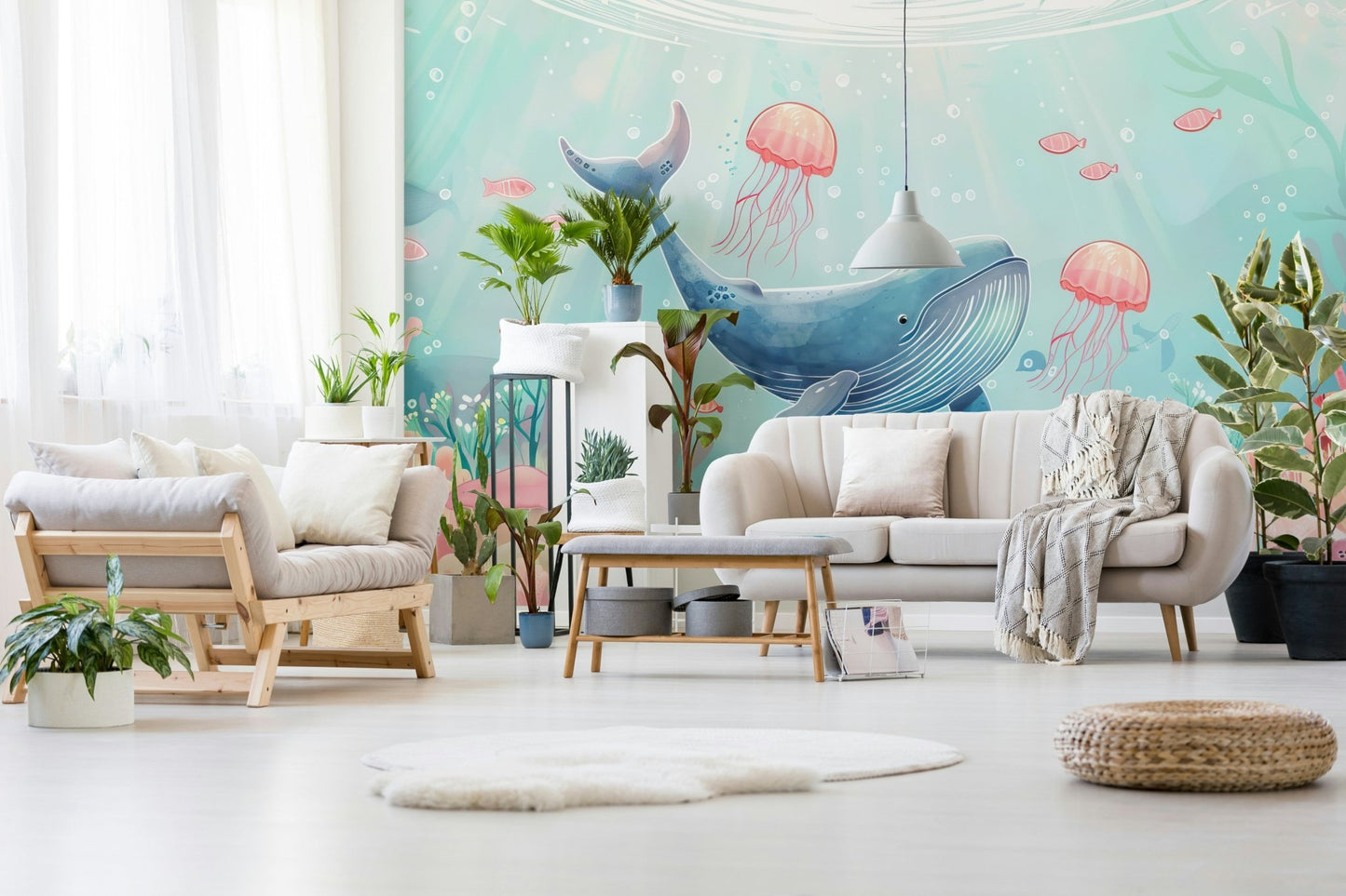 Minimalist coastal wall mural in calm teal and white shades.
