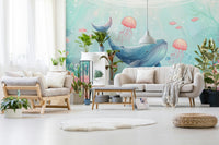 Minimalist coastal wall mural in calm teal and white shades.
