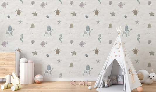 Ocean inspired wallpaper with small fish and bubbles.