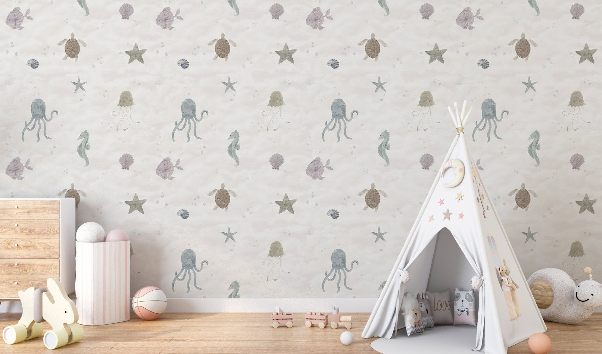 Ocean inspired wallpaper with small fish and bubbles.