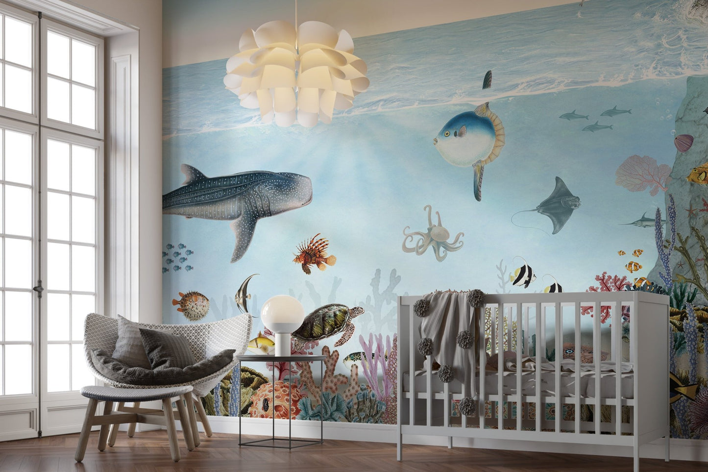 Artistic ocean lookbook wall mural with a whale shark and anchors.