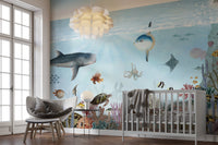 Artistic ocean lookbook wall mural with a whale shark and anchors.