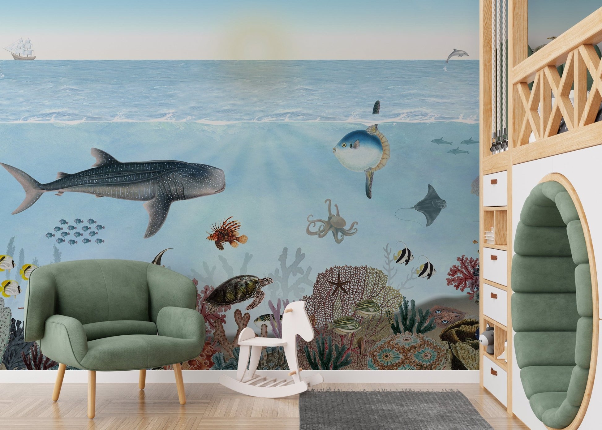 Vibrant ocean creature wall mural with manta rays and dolphins.