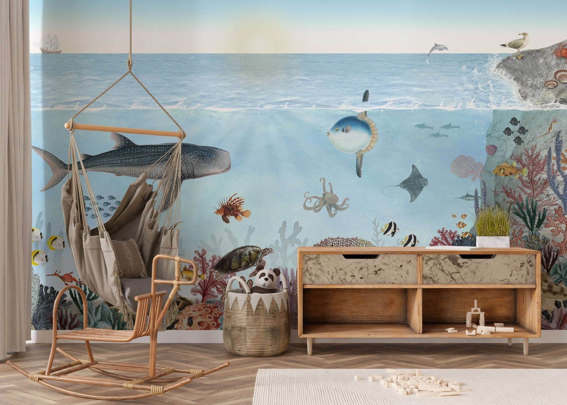 Blue aquatic lookbook wall mural showing an underwater coral ecosystem.