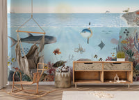 Blue aquatic lookbook wall mural showing an underwater coral ecosystem.