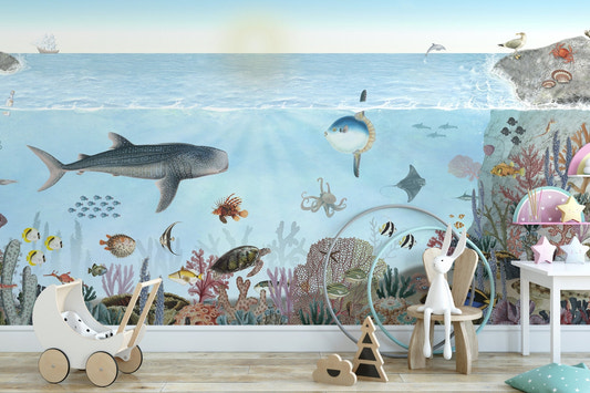 Detailed ocean life wallpaper featuring sea turtles and fish.