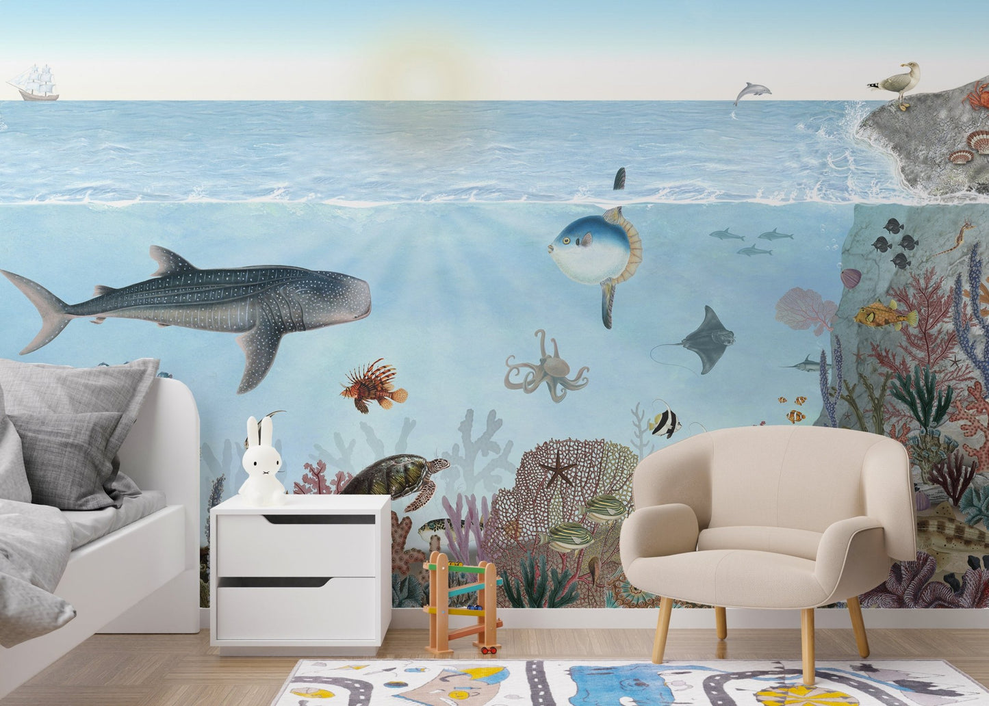 Ocean lookbook wallpaper wall murals with whale shark and reef.