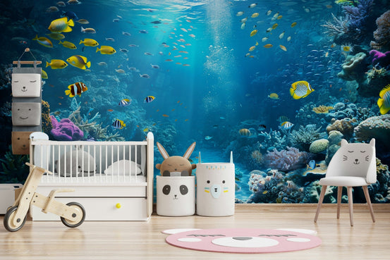 Vibrant coral reef wallpaper murals with tropical fish.