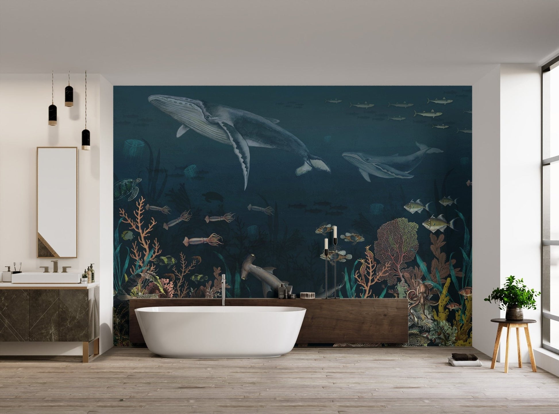 Ocean theme mural with humpback whales for a minimalist bathroom.