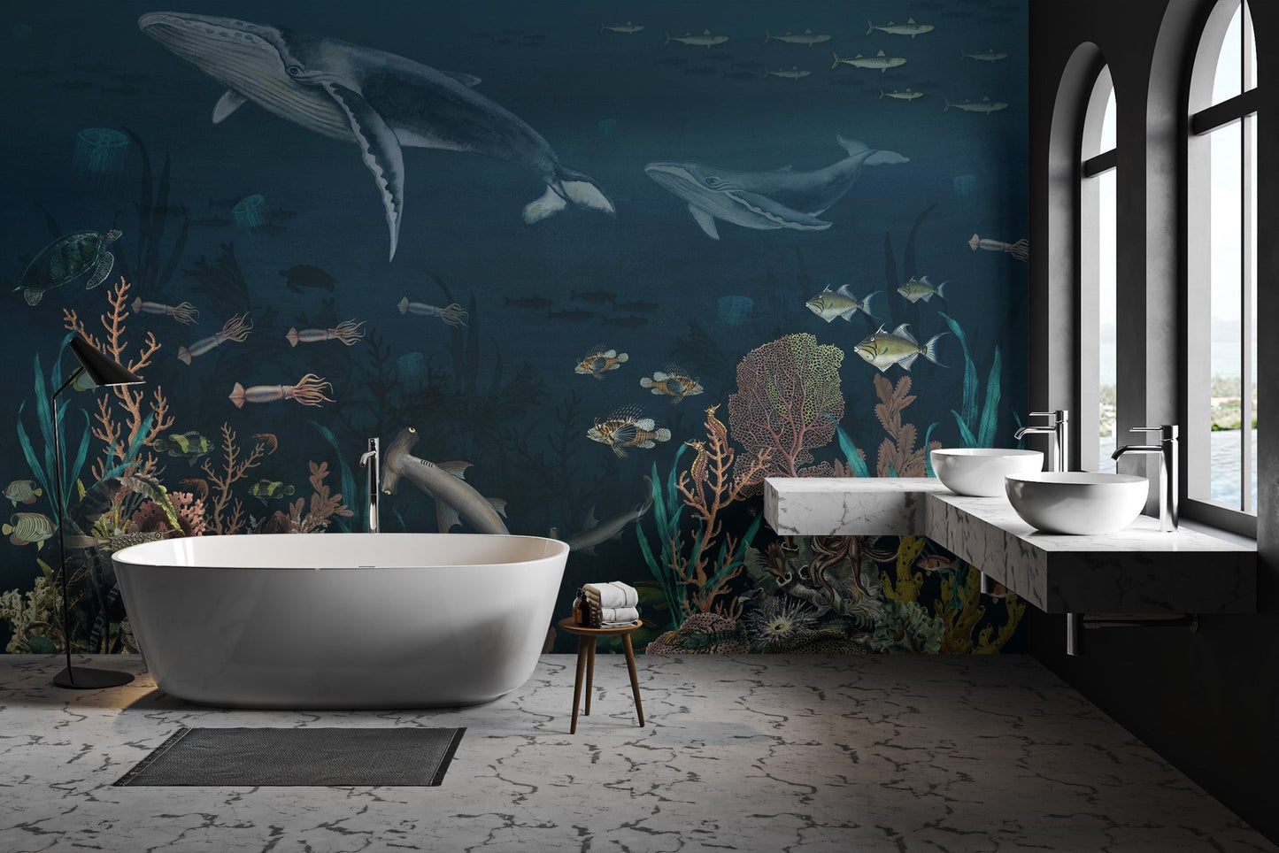 Ocean wall mural with whales and sea creatures for bathroom.
