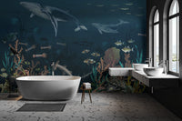 Ocean wall mural with whales and sea creatures for bathroom.