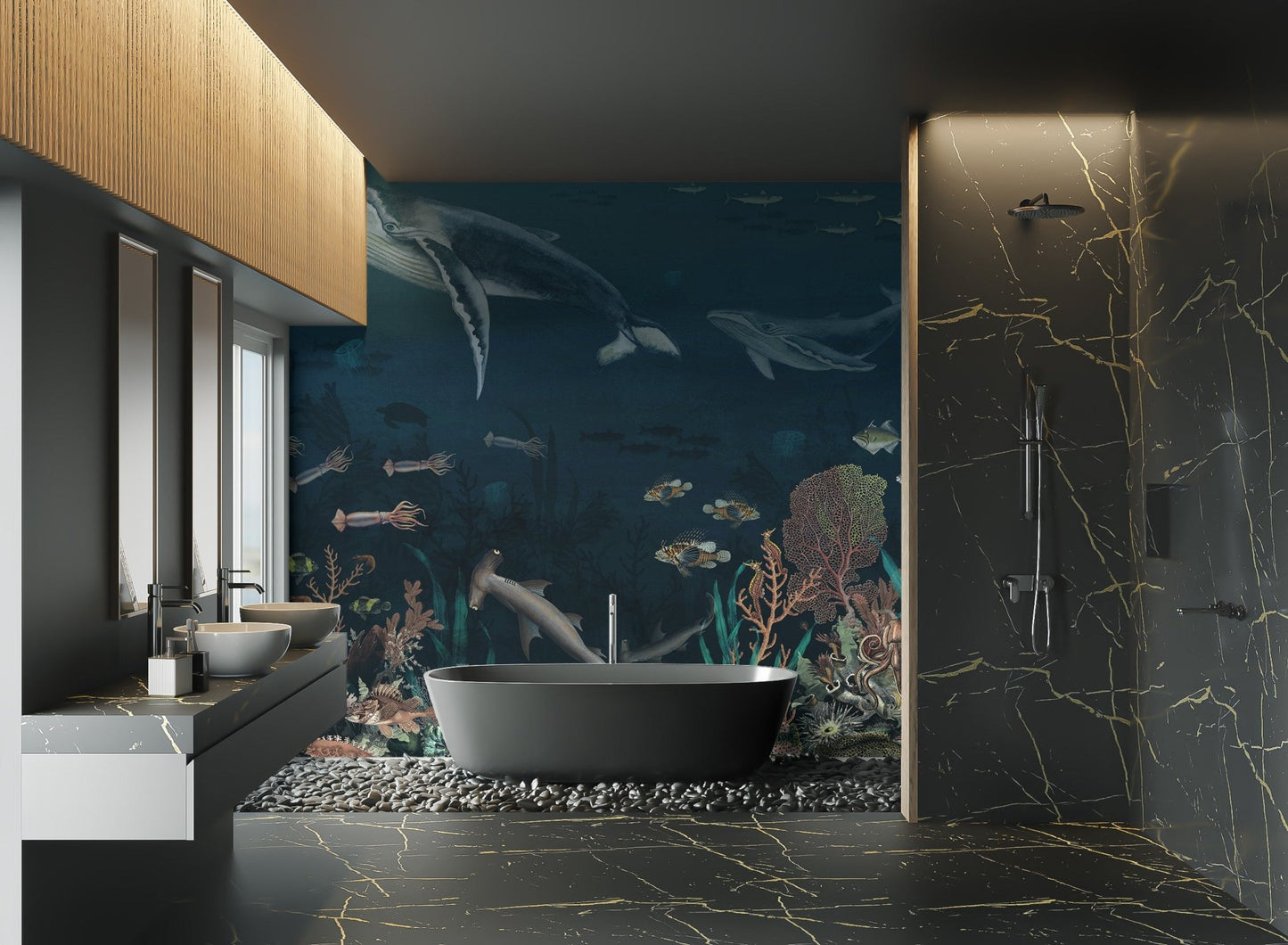 Dark teal ocean mural with schools of fish for a contemporary bathroom.