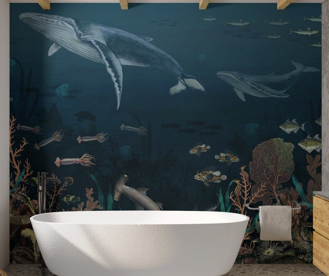 Marine animals and plants wall mural in vintage style for bathroom.