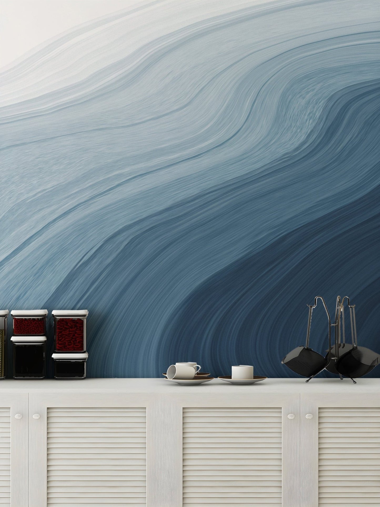 Ocean whispers wall mural with layered ink flow design.