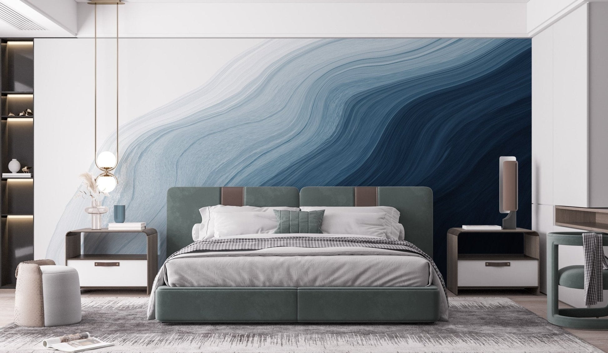 Dark to light blue wallpaper mural with fluid coastal pattern.