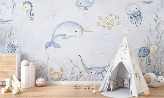 Ocean wonders wallpaper mural with watercolor sea animals.