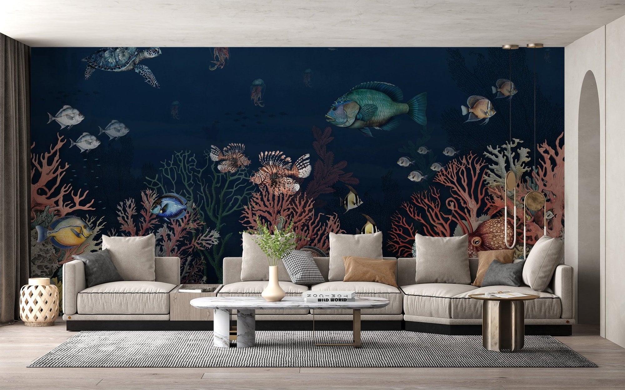 Ocean wonders wallpaper mural with coral reef and tropical fish design.