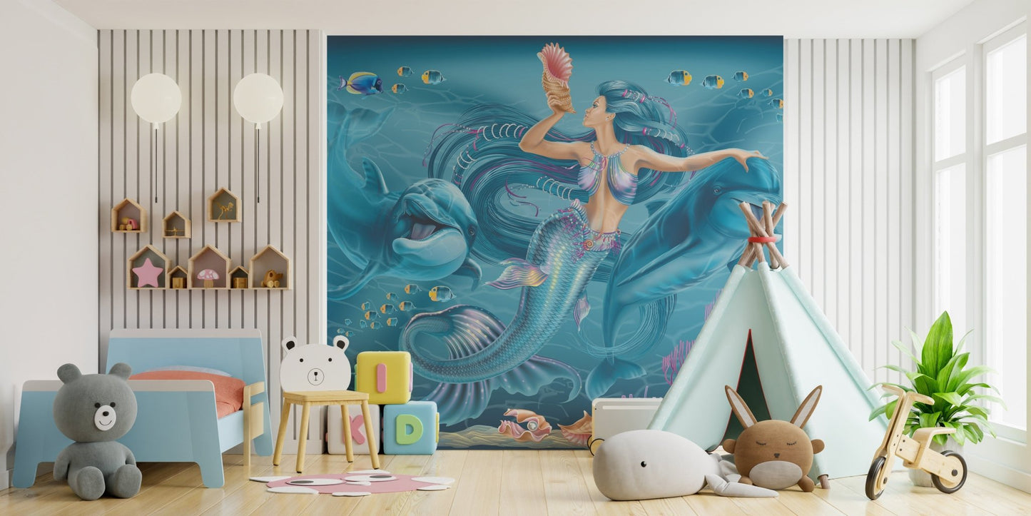 Mermaid mural with oceanic enchantment for whimsical kids bedroom wall decor.
