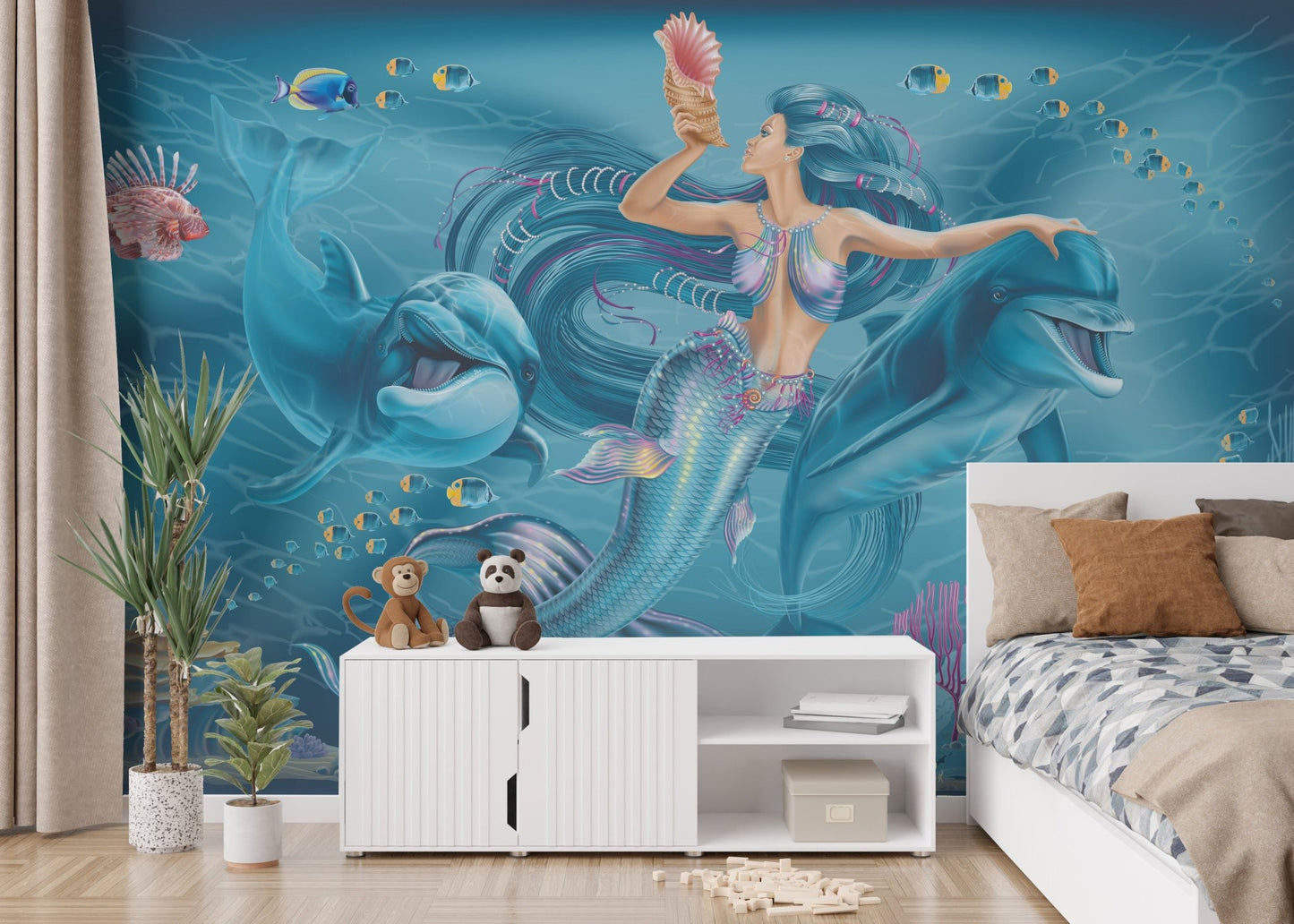 Oceanic enchantment mural with a serene underwater mermaid view in kids bedroom.
