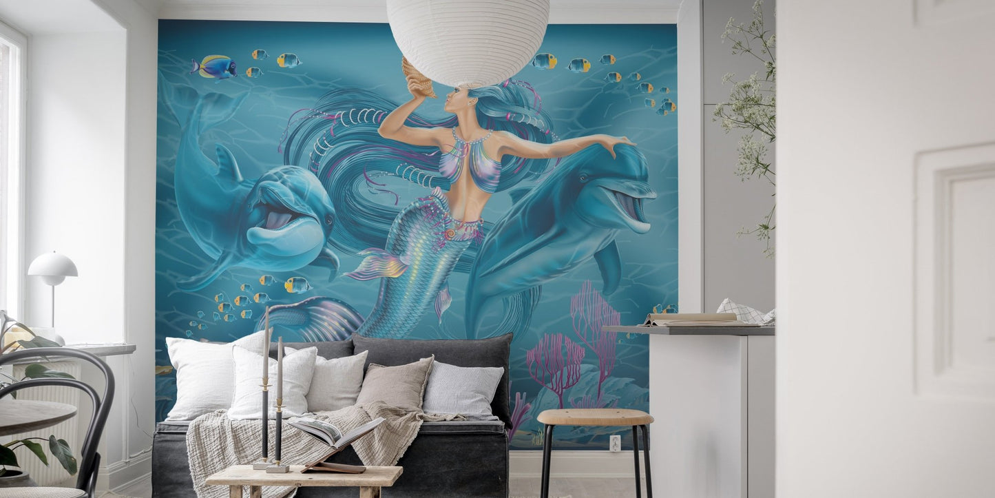 Whimsical mermaid mural with oceanic enchantment for living spaces.
