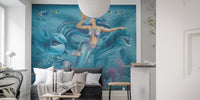 Whimsical mermaid mural with oceanic enchantment for living spaces.
