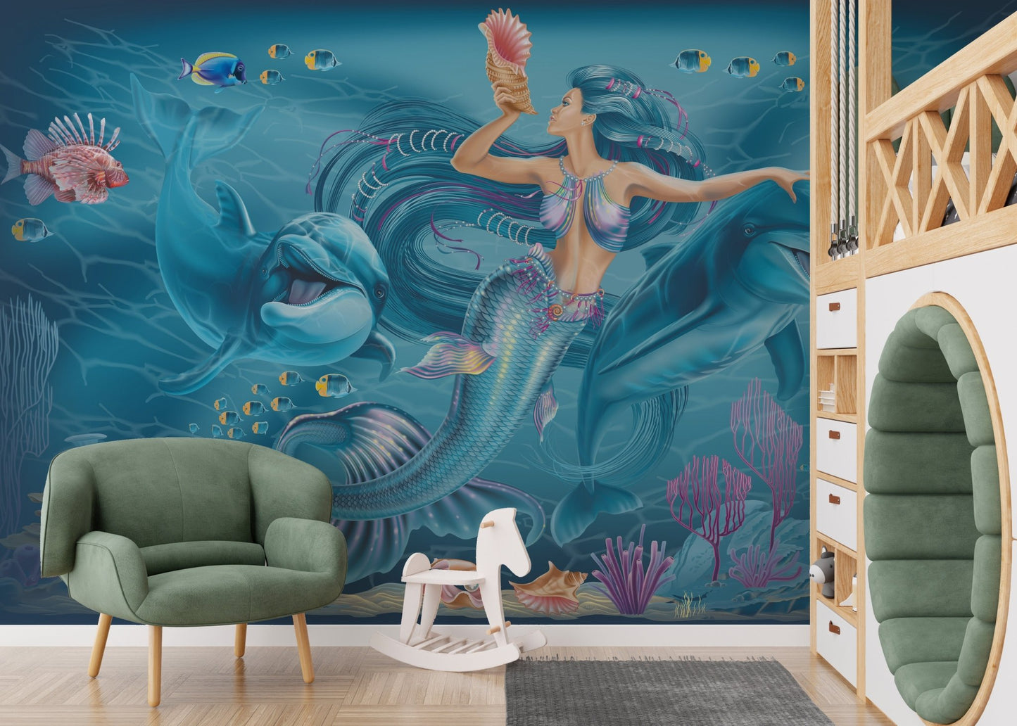 Underwater mural with mermaids and oceanic charm for nursery interiors.
