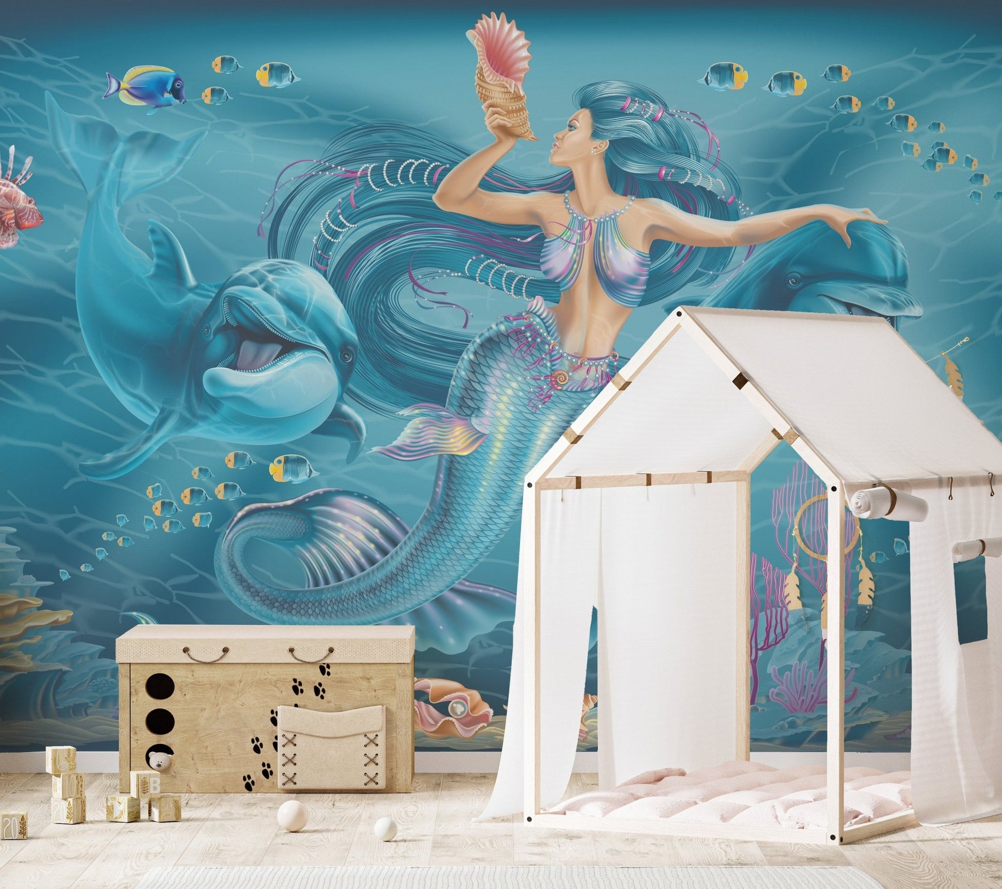 Mermaid-themed mural with enchanting oceanic elements for nursery walls.
