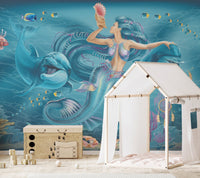 Mermaid-themed mural with enchanting oceanic elements for nursery walls.
