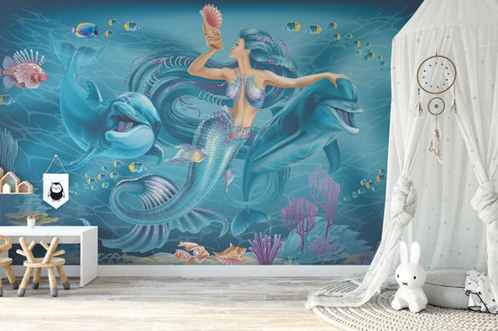 Oceanic enchantment mural featuring a graceful mermaid design in kids room.
