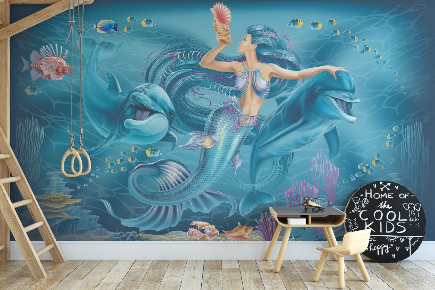 Oceanic enchantment mermaid mural for serene and magical decor in creative kids space.
