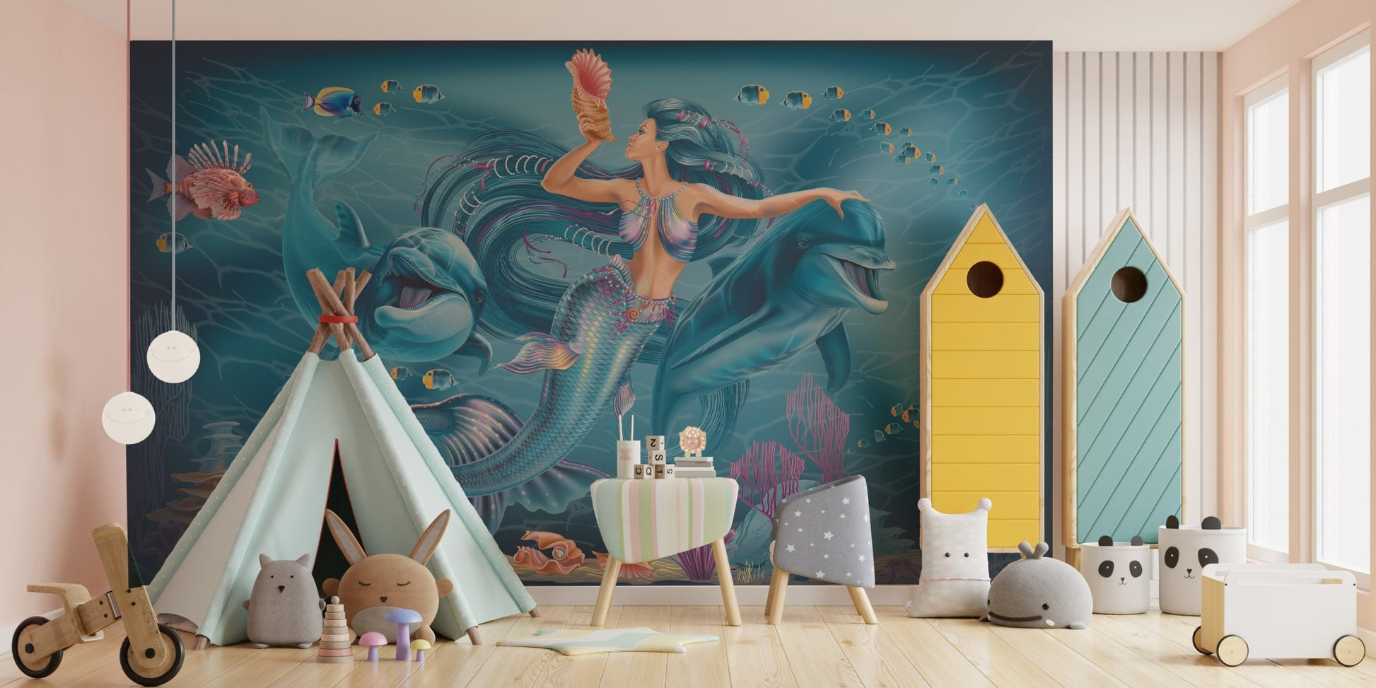 Artistic oceanic mural showcasing a magical mermaid scene in playroom.
