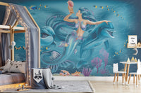 Oceanic mural featuring a mystical mermaid for tranquil toddler room walls.
