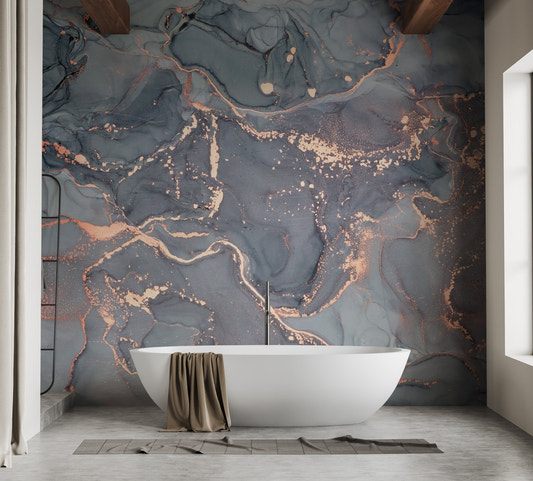 Oceanic flow wallpaper mural with blue and copper ink textures.