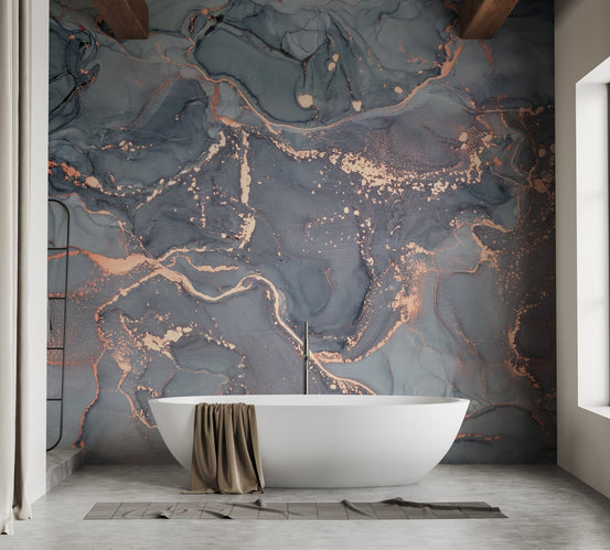 Oceanic flow wallpaper mural with blue and copper ink textures.