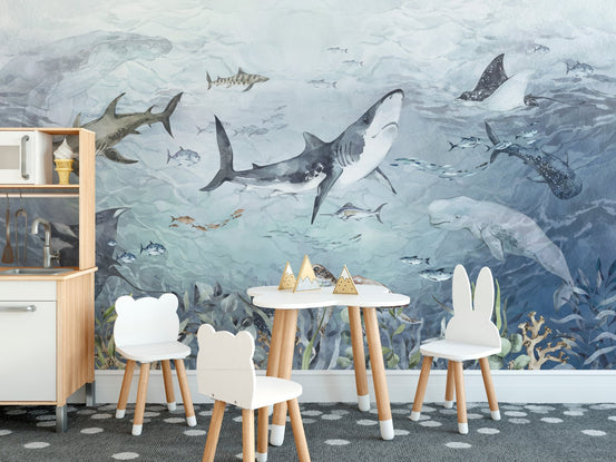 Oceanic haven wallpaper mural with sharks and rays in blue watercolor style.