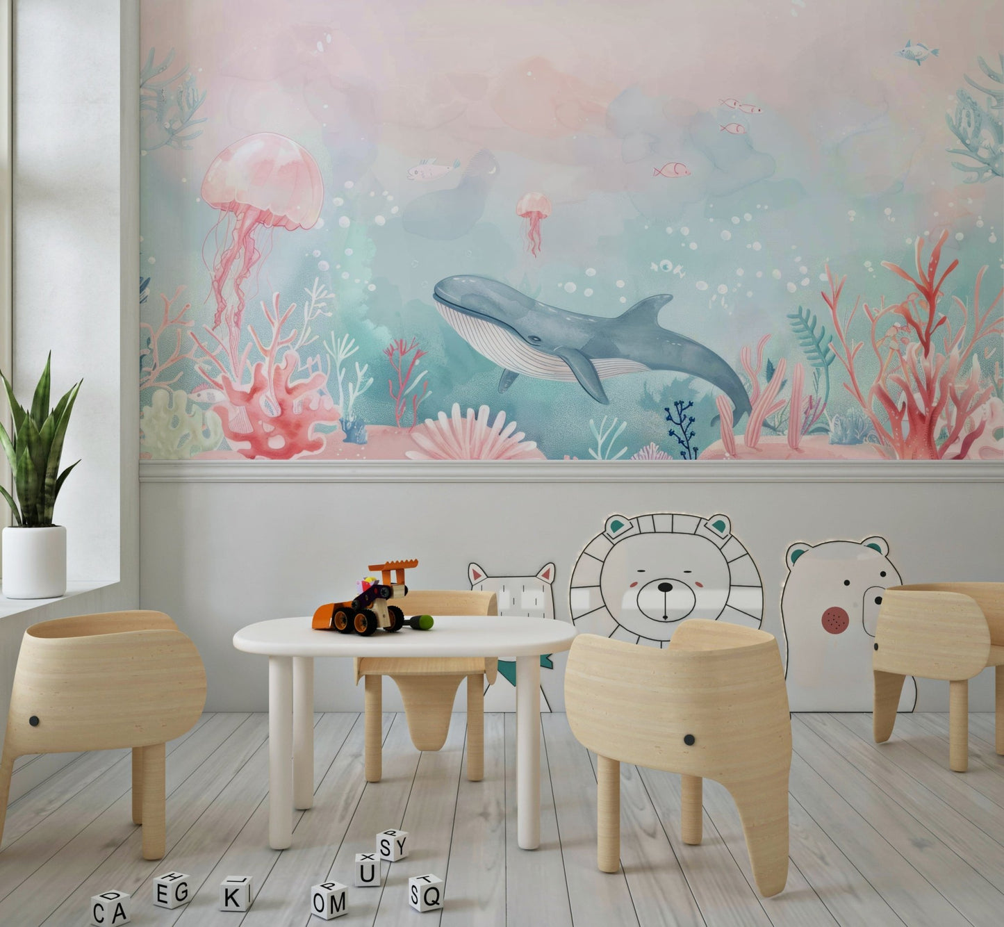 Close up of soft blue waves on a wall mural