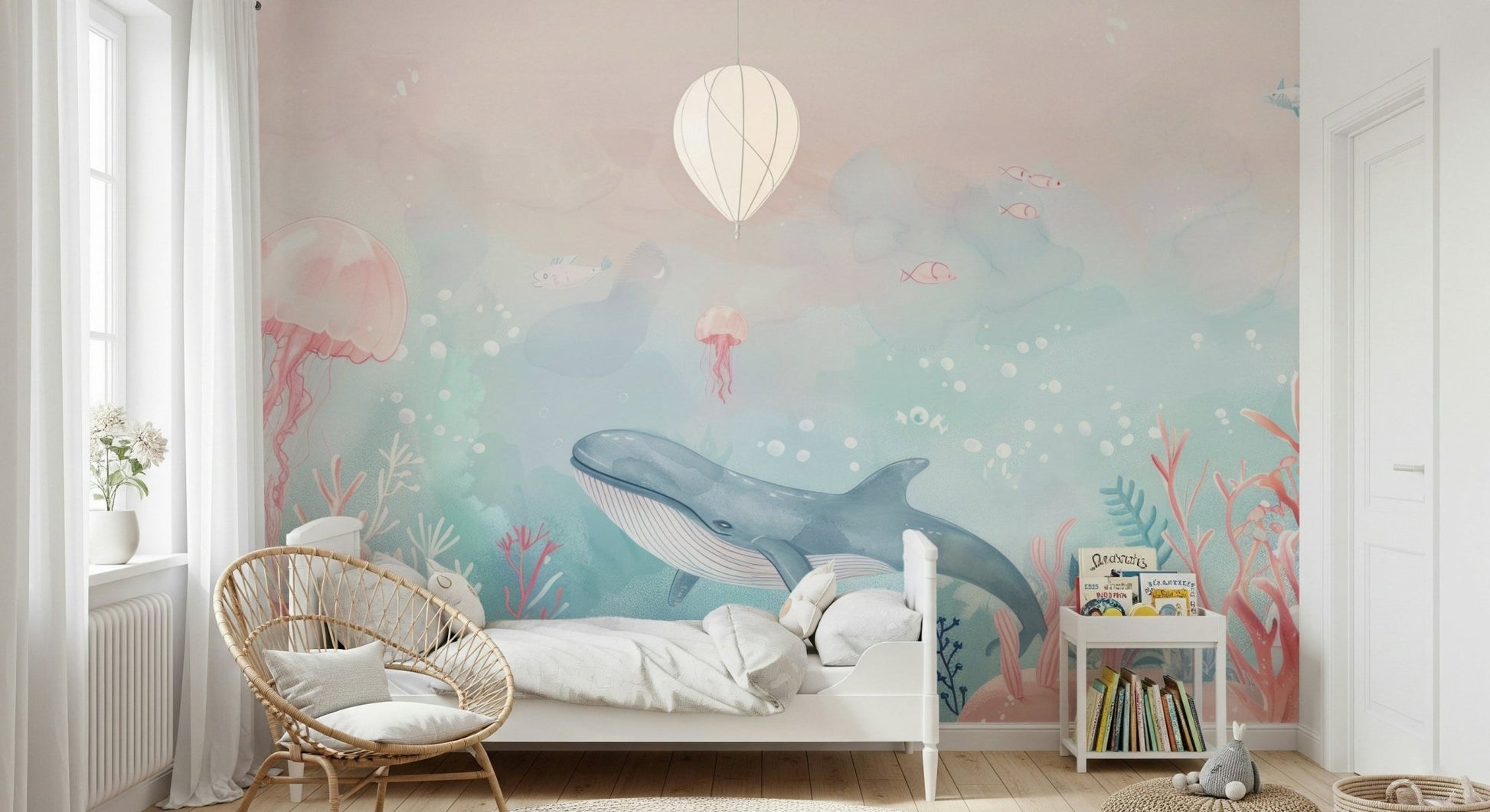 Minimalist sea scene mural for an apartment study