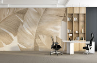 Elegant wallpaper mural with amber-toned leaf patterns