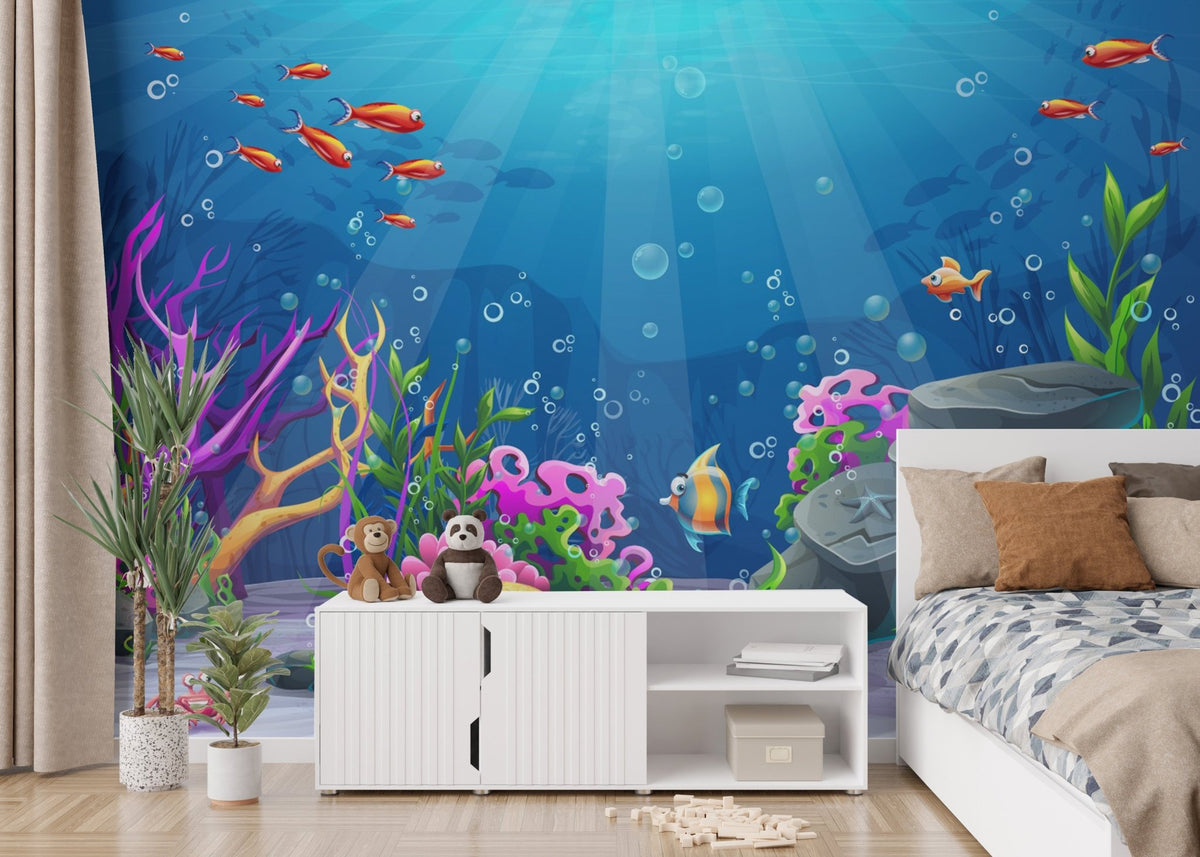 Oil Painted Ocean and Creatures View Murals in a modern kids' bedroom setup.