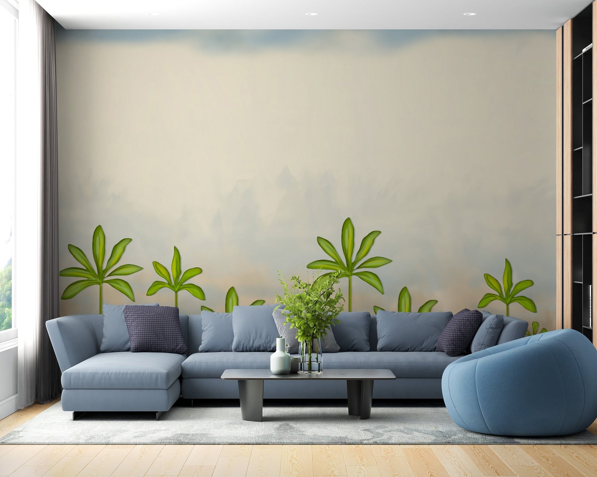 Blue sofa against oil painted trees wall mural in living room.