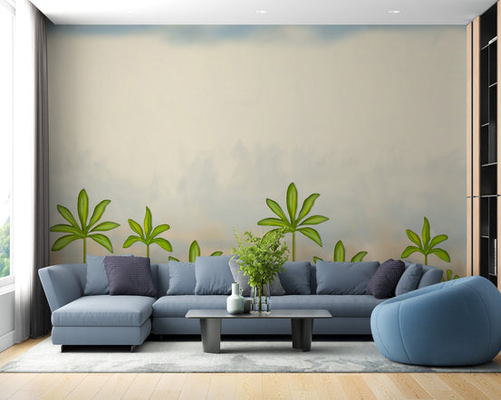 Blue sofa against oil painted trees wall mural in living room.