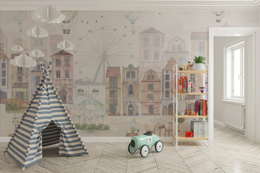 Watercolor old city wallpaper with hot air balloons in pastel tones.