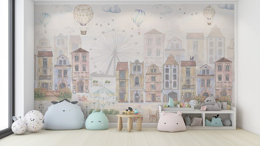 Whimsical city skyline wall decor with a faint Ferris wheel background.