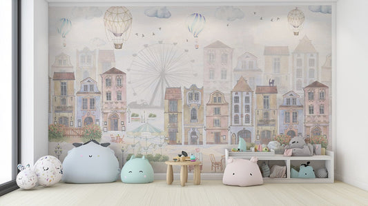 Whimsical city skyline wall decor with a faint Ferris wheel background.