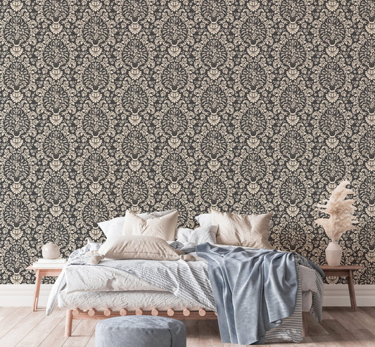 Timeless luxury wallpaper with classic damask design for bedroom walls.