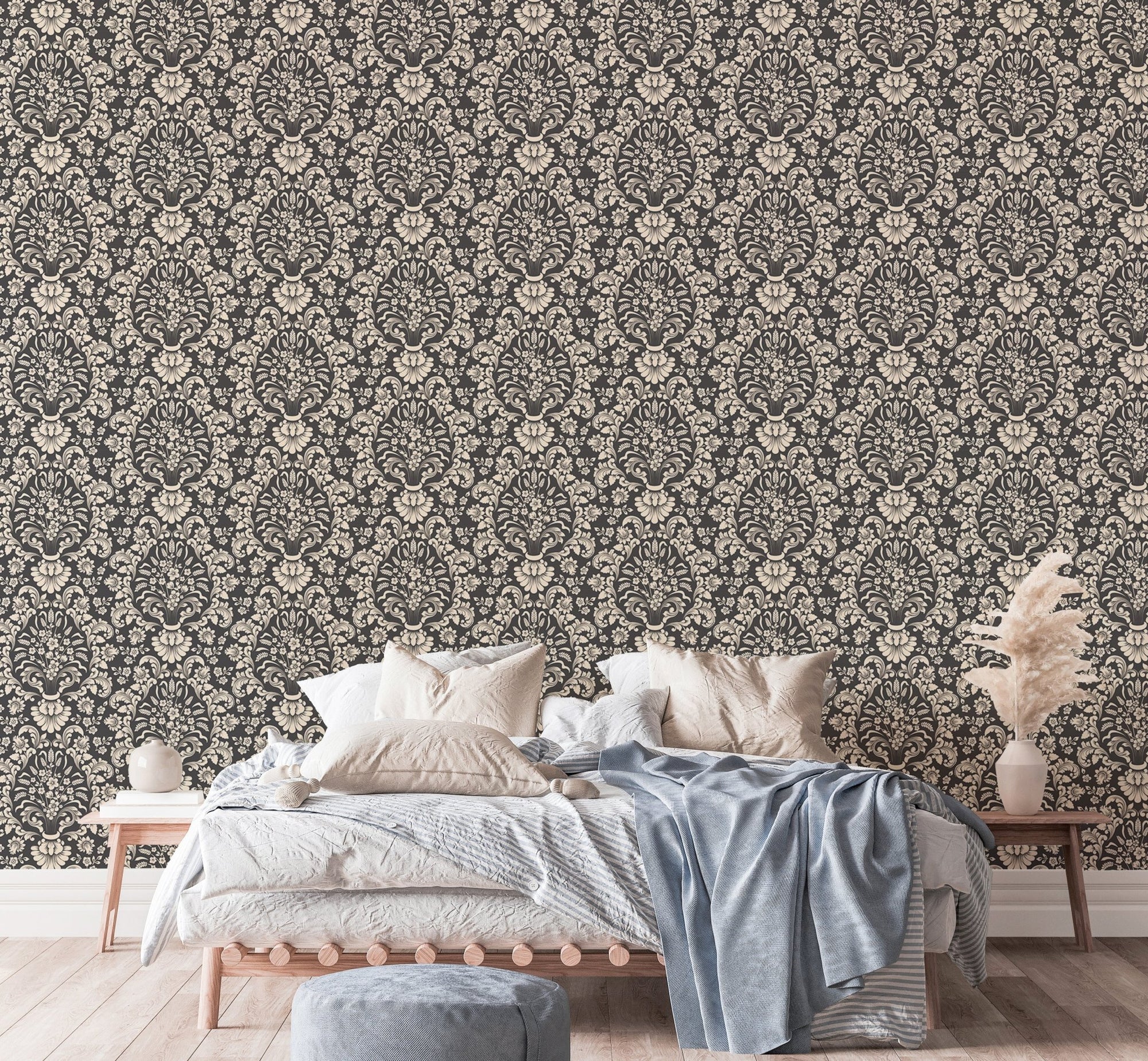 Timeless luxury wallpaper with classic damask design for bedroom walls.