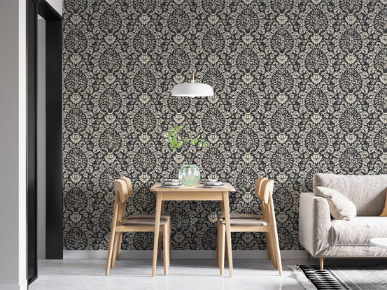 Classic wallpaper showcasing luxurious damask patterns for dining area.