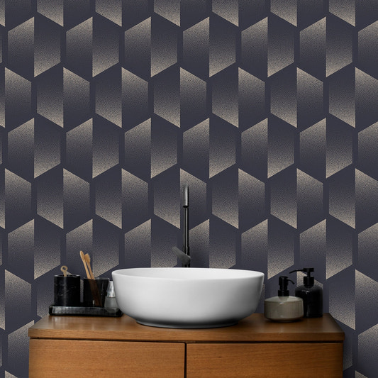 Split hexagon design in old-fashioned Deco wallpaper in washroom.